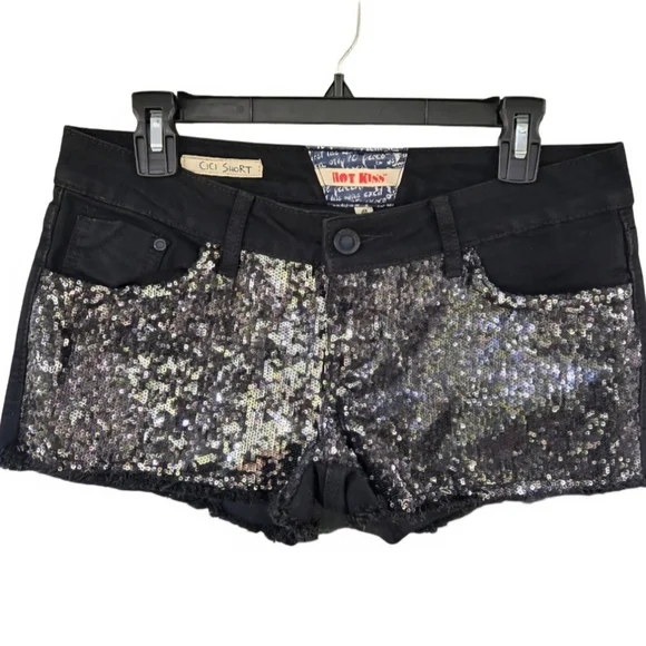 Y2K Hot Kiss Black LOW-RISE Denim Size 6-8 Silver Sequin Cici Glam Shorts - Picture 3 of 5